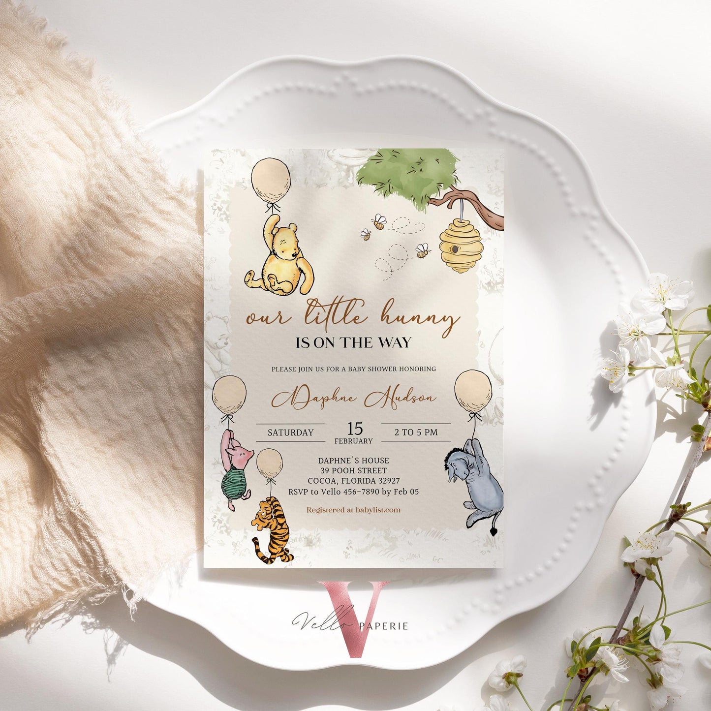 Balloon Winnie the Pooh Baby Shower Invitation | Editable Printable Beige Toile de Juoy, Little Hunny Pooh Baby Shower Party Invite WTP01