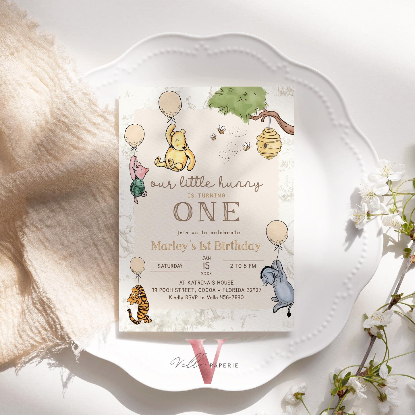 Classic Winnie the Pooh First Birthday Invitation | Editable Winnie The Pooh 1st Birthday Party Invite | Beige Balloon Pooh Toile de Juoy