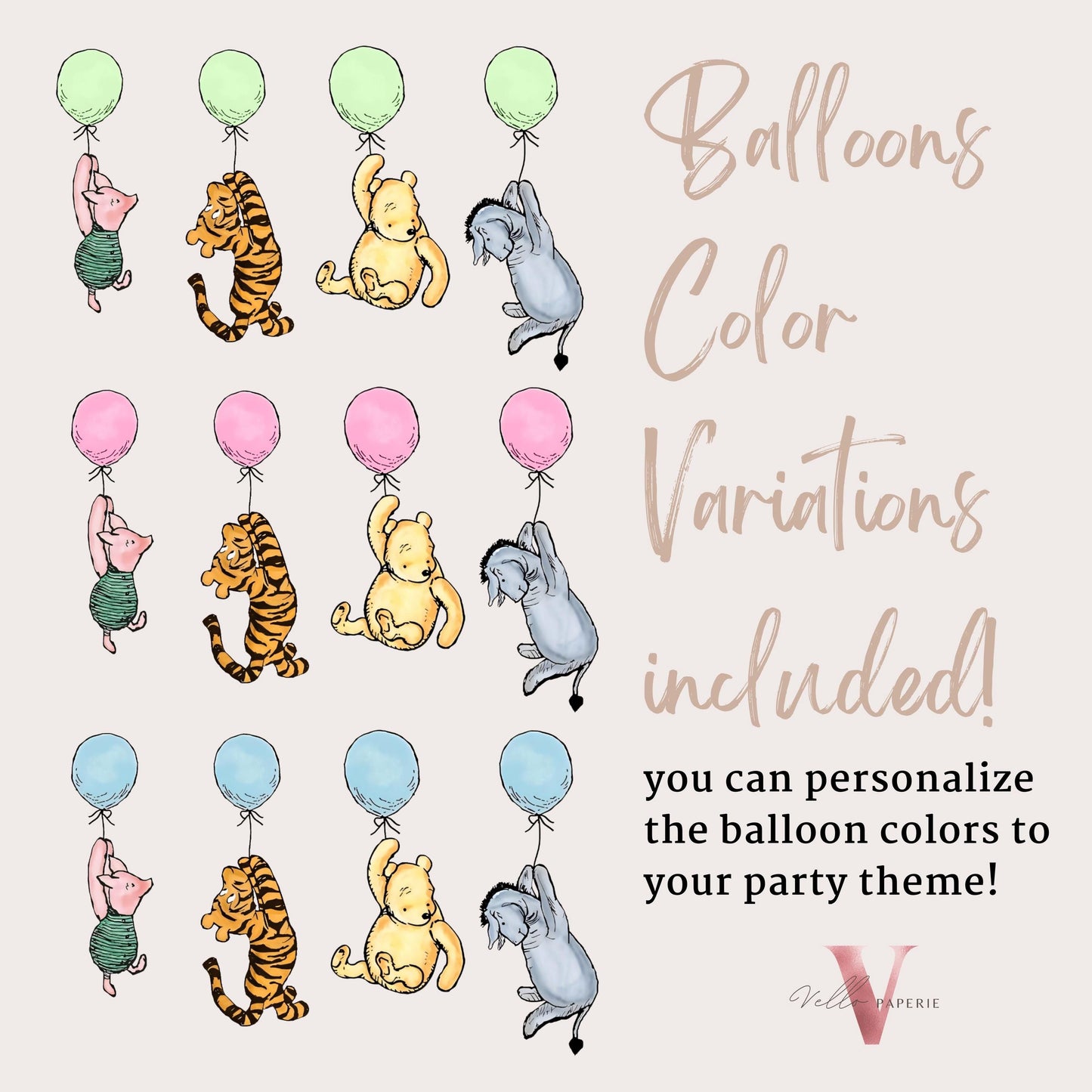 Balloon Winnie the Pooh Baby Shower Invitation | Editable Printable Beige Toile de Juoy, Little Hunny Pooh Baby Shower Party Invite WTP01