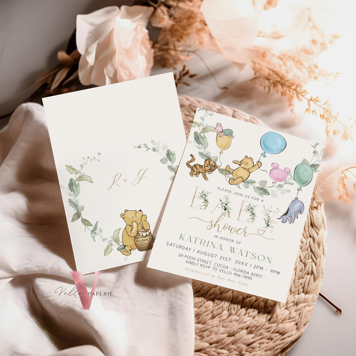 Neutral Winnie the Pooh Balloon Baby Shower Invitation | Editable Printable Beige Greenery, Bearly Wait Baby Shower Party Invite