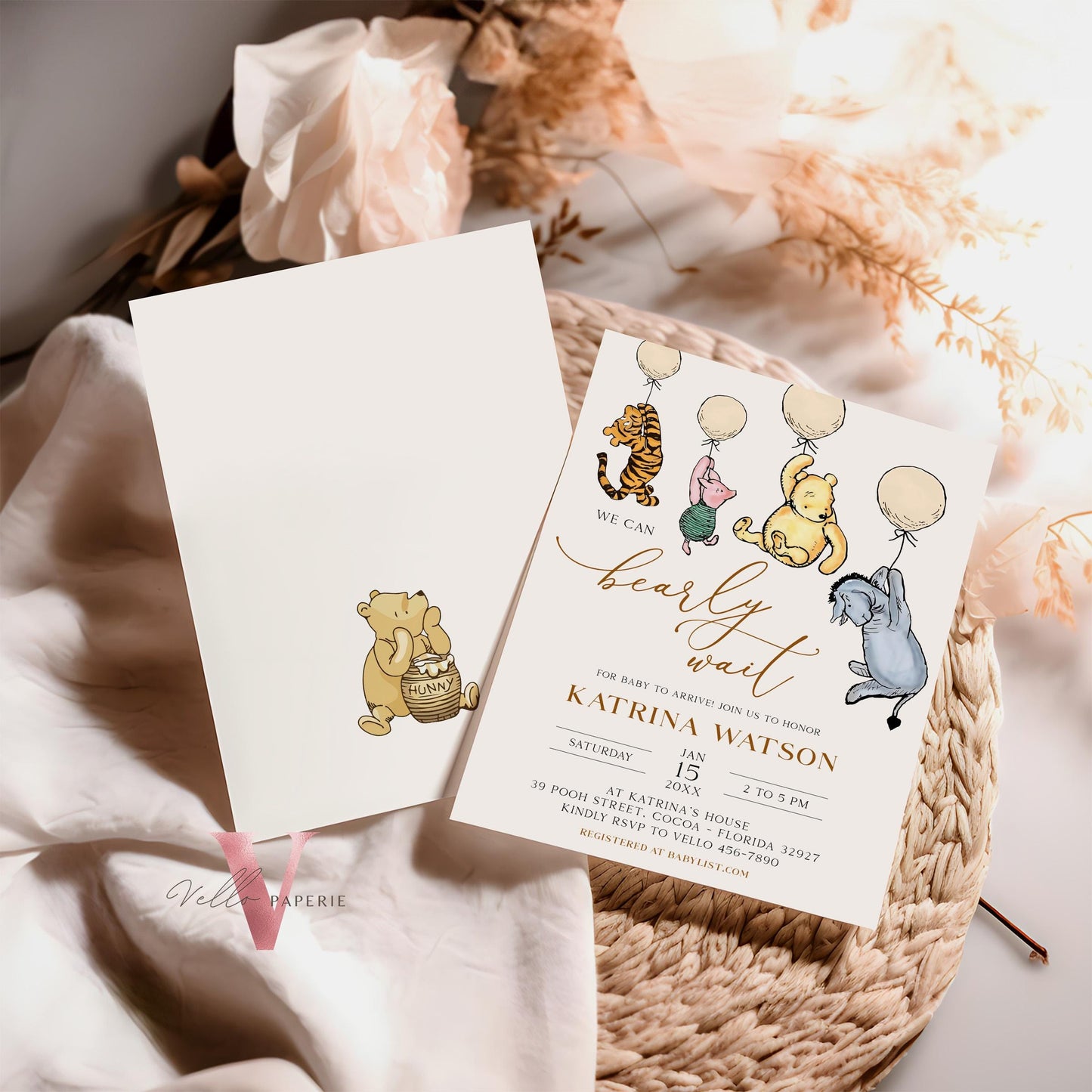 Neutral Winnie the Pooh Balloon Baby Shower Invitation | Editable Printable Beige, Bearly Wait Baby Shower Party Invitation