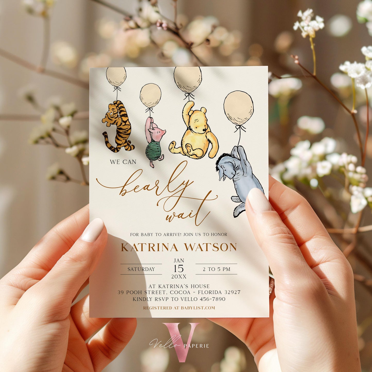 Neutral Winnie the Pooh Balloon Baby Shower Invitation | Editable Printable Beige, Bearly Wait Baby Shower Party Invitation