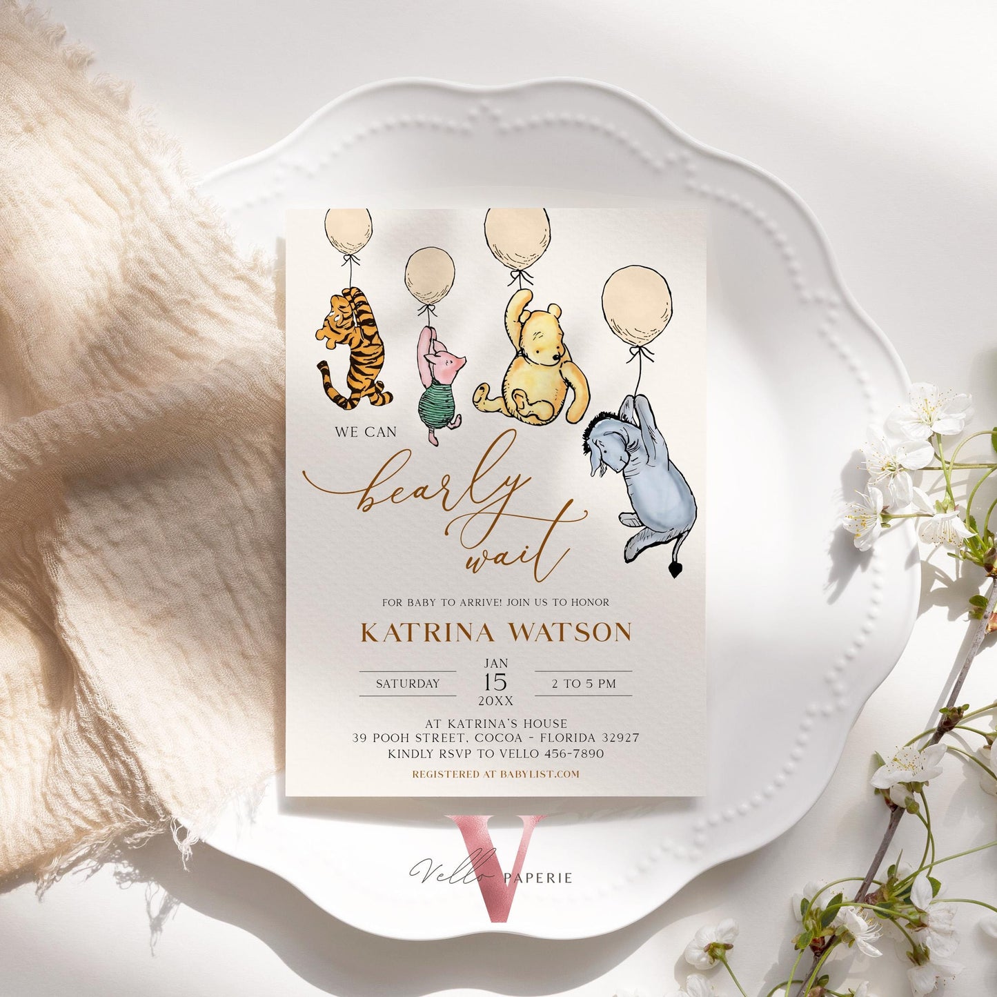 Neutral Winnie the Pooh Balloon Baby Shower Invitation | Editable Printable Beige, Bearly Wait Baby Shower Party Invitation