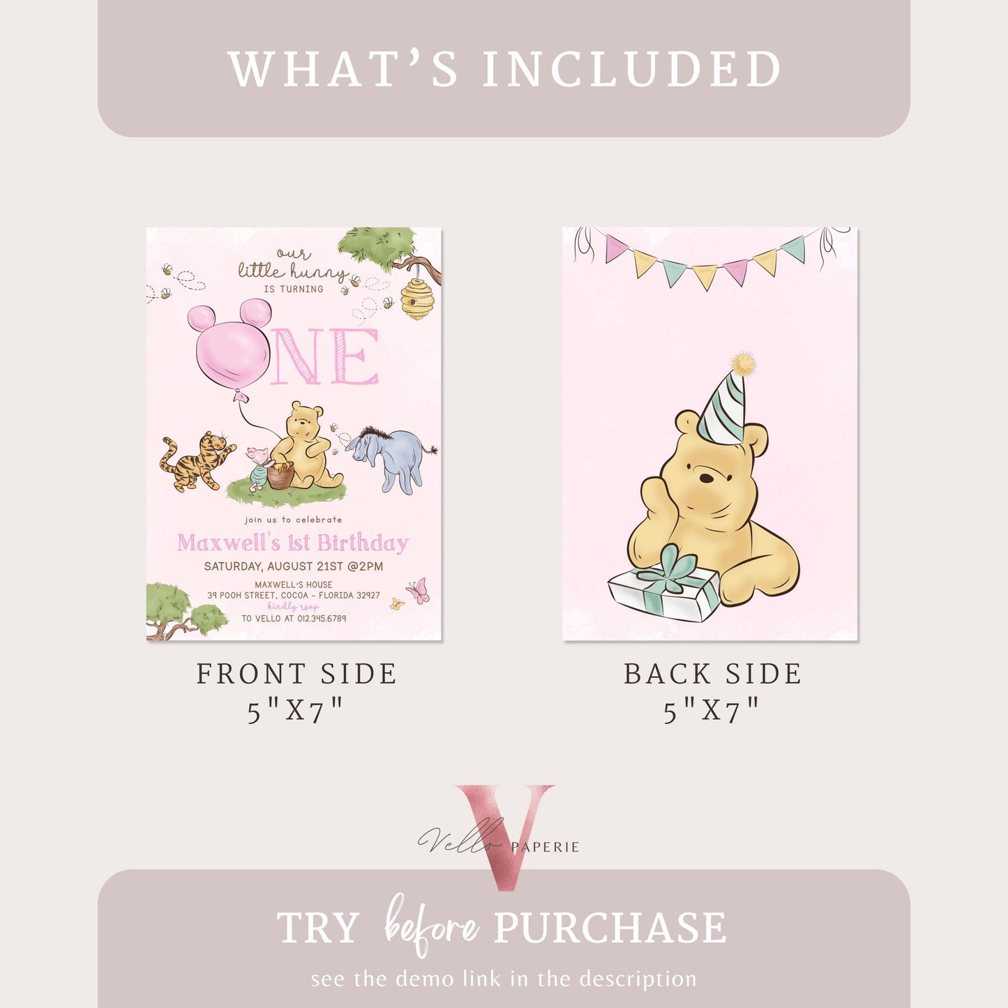 Classic Winnie the Pooh First Birthday Invitation | Editable Winnie The Pooh 1st Birthday Party Invite | Pink Balloon Pooh and Friends