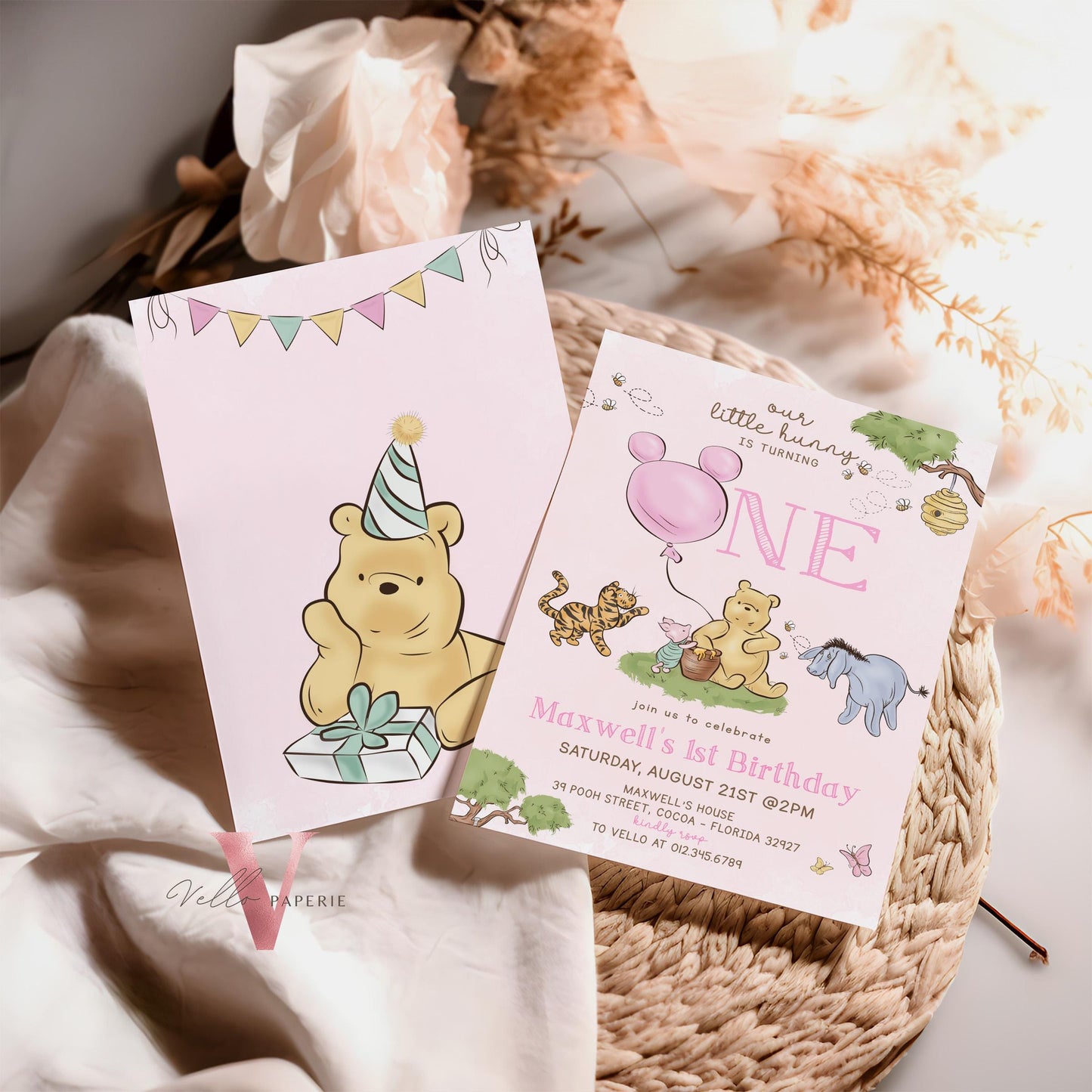 Classic Winnie the Pooh First Birthday Invitation | Editable Winnie The Pooh 1st Birthday Party Invite | Pink Balloon Pooh and Friends