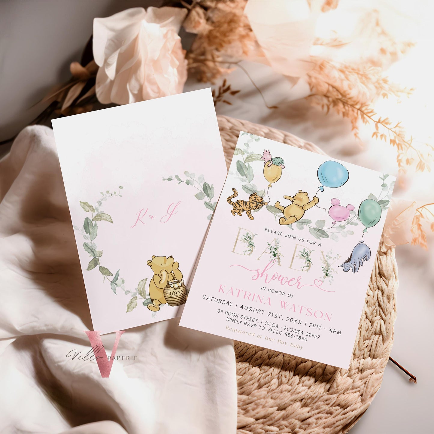 Soft Pink Winnie the Pooh Colorful Balloon Baby Shower Invitation | Editable Printable Pink Greenery, Bearly Wait Baby Shower Party Invite