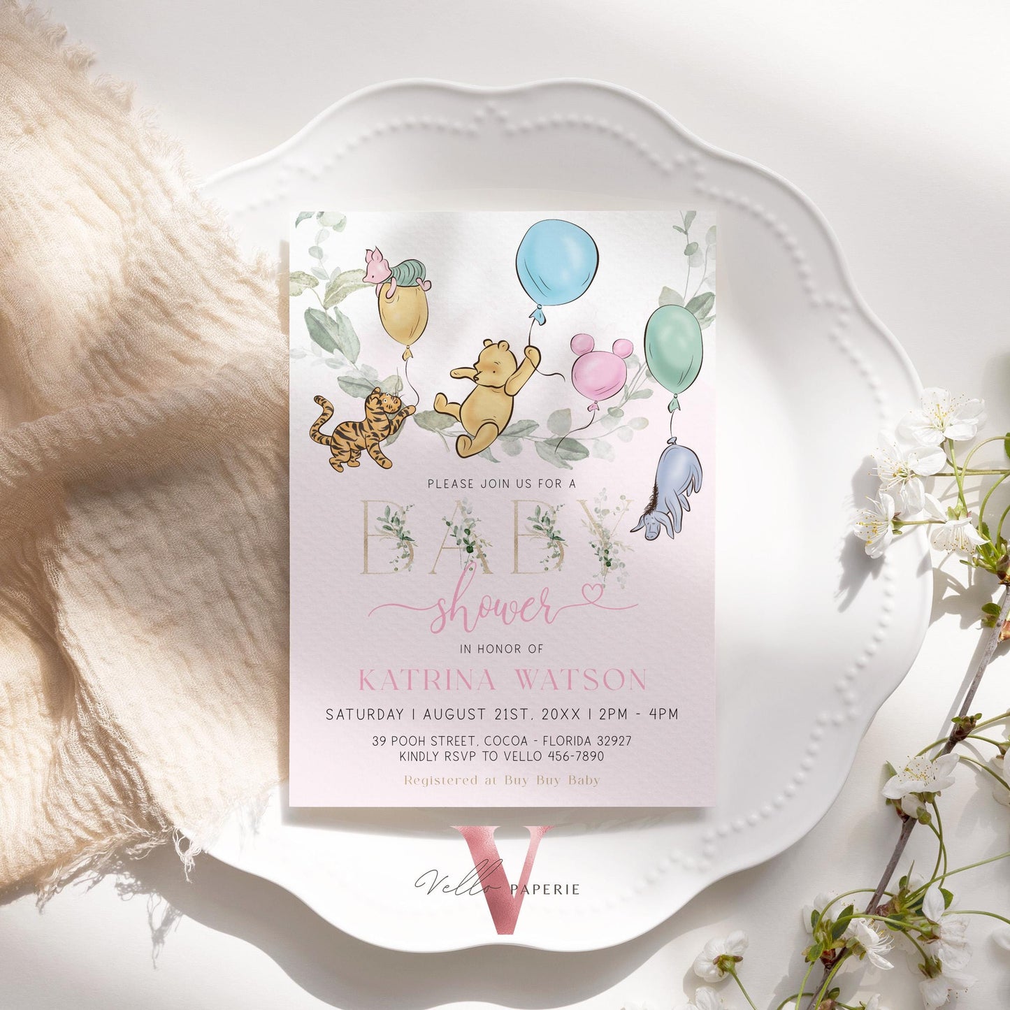 Soft Pink Winnie the Pooh Colorful Balloon Baby Shower Invitation | Editable Printable Pink Greenery, Bearly Wait Baby Shower Party Invite