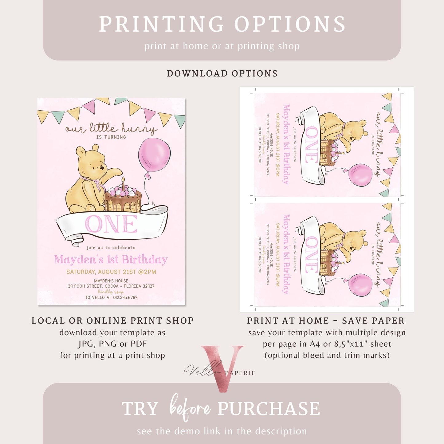 Classic Winnie the Pooh First /Any Age Birthday Invitation | Editable Winnie The Pooh Any Age Birthday Party Invite | Pink Balloon Pooh Cake