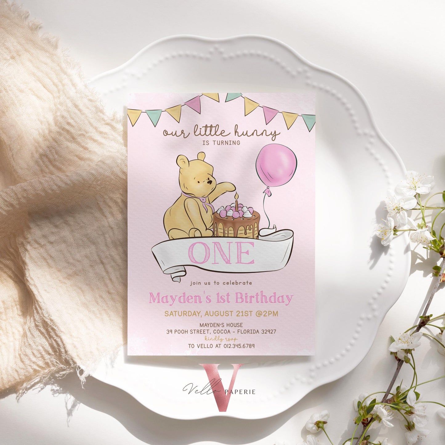 Classic Winnie the Pooh First /Any Age Birthday Invitation | Editable Winnie The Pooh Any Age Birthday Party Invite | Pink Balloon Pooh Cake