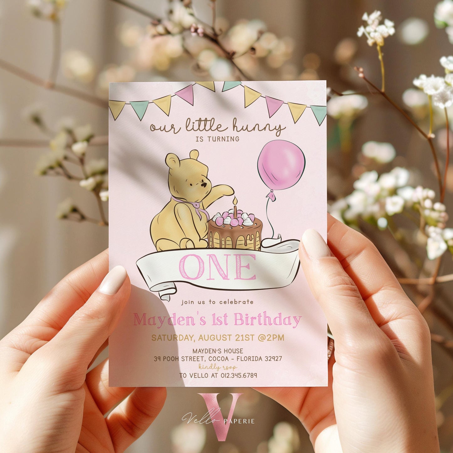 Classic Winnie the Pooh First /Any Age Birthday Invitation | Editable Winnie The Pooh Any Age Birthday Party Invite | Pink Balloon Pooh Cake