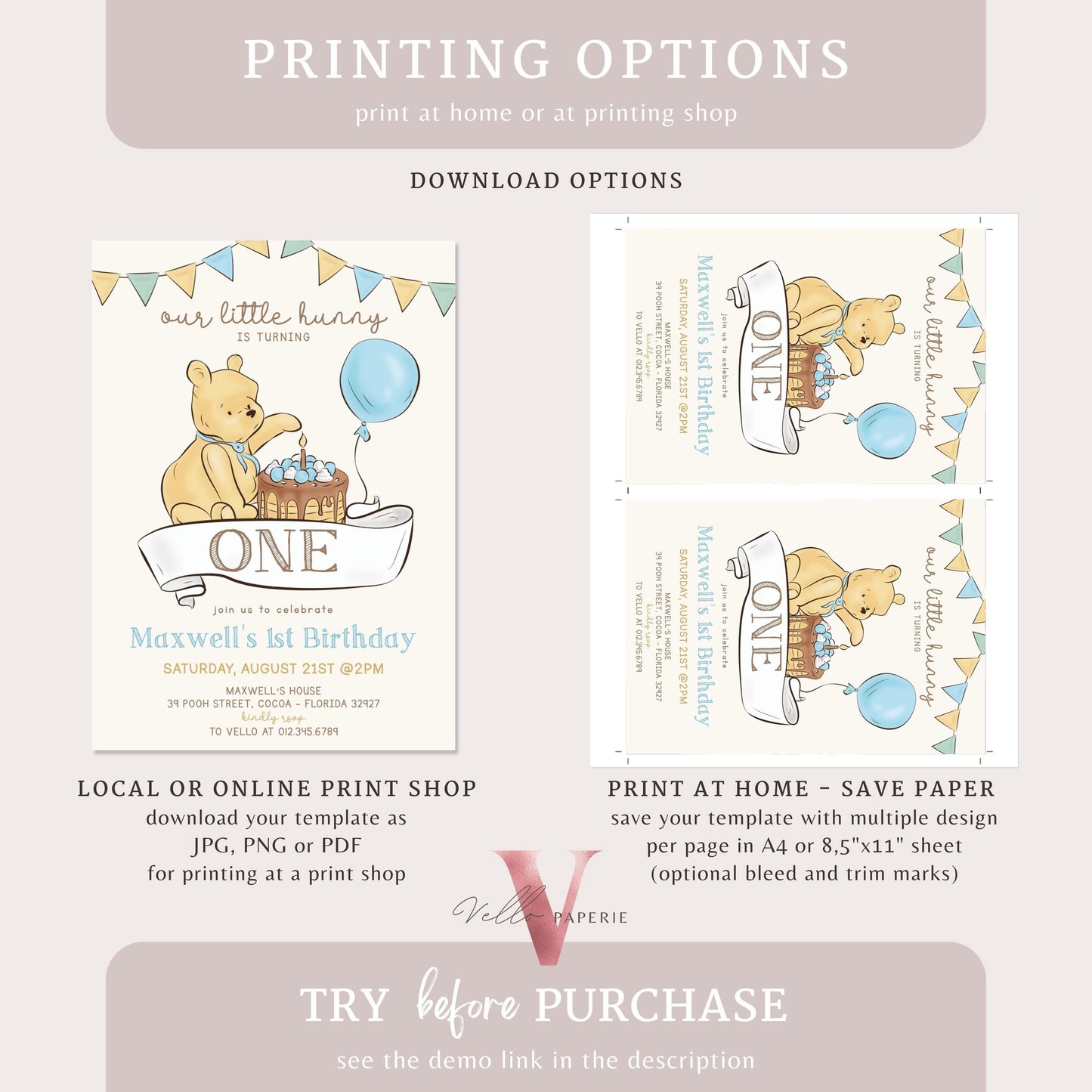 Classic Winnie the Pooh First /Any Age Birthday Invitation | Editable Winnie The Pooh Any Age Birthday Party Invite | Blue Balloon Pooh Cake