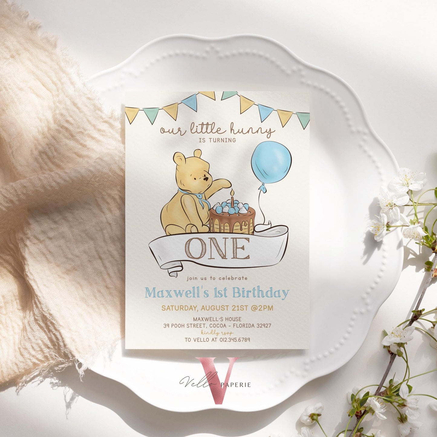 Classic Winnie the Pooh First /Any Age Birthday Invitation | Editable Winnie The Pooh Any Age Birthday Party Invite | Blue Balloon Pooh Cake