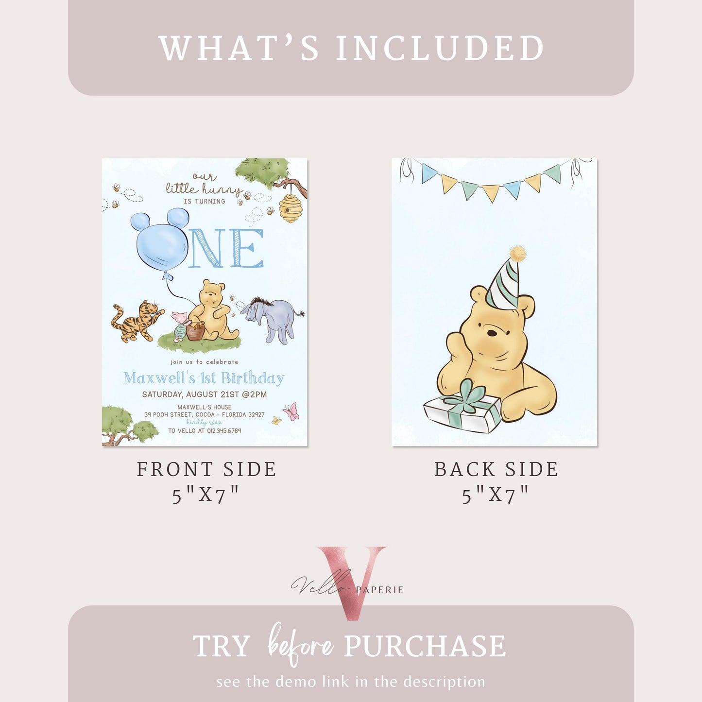 Classic Winnie the Pooh First Birthday Invitation | Editable Winnie The Pooh 1st Birthday Party Invite | Blue Balloon Pooh and Friends