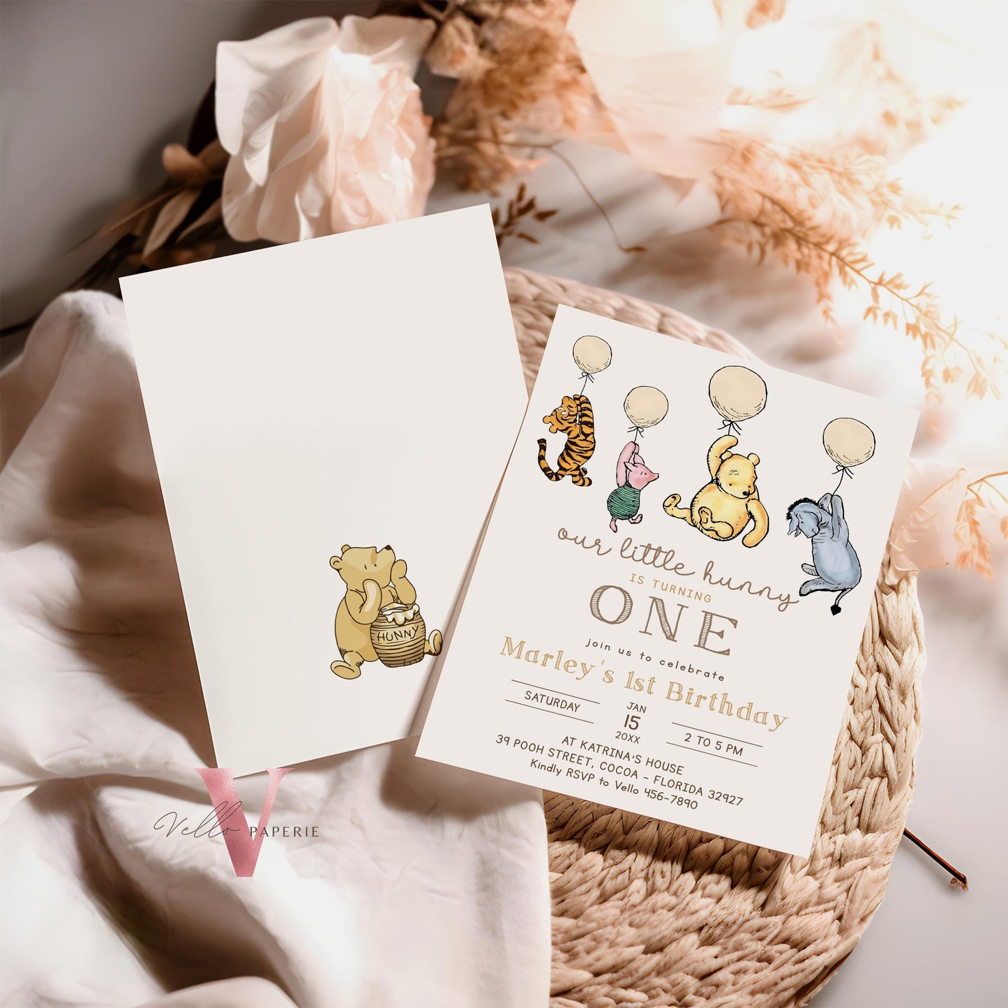 Winnie the Pooh First / ANY AGE Birthday Invitation | Editable Winnie The Pooh Birthday Party Invite | Beige Colorful Balloon Pooh & Friends