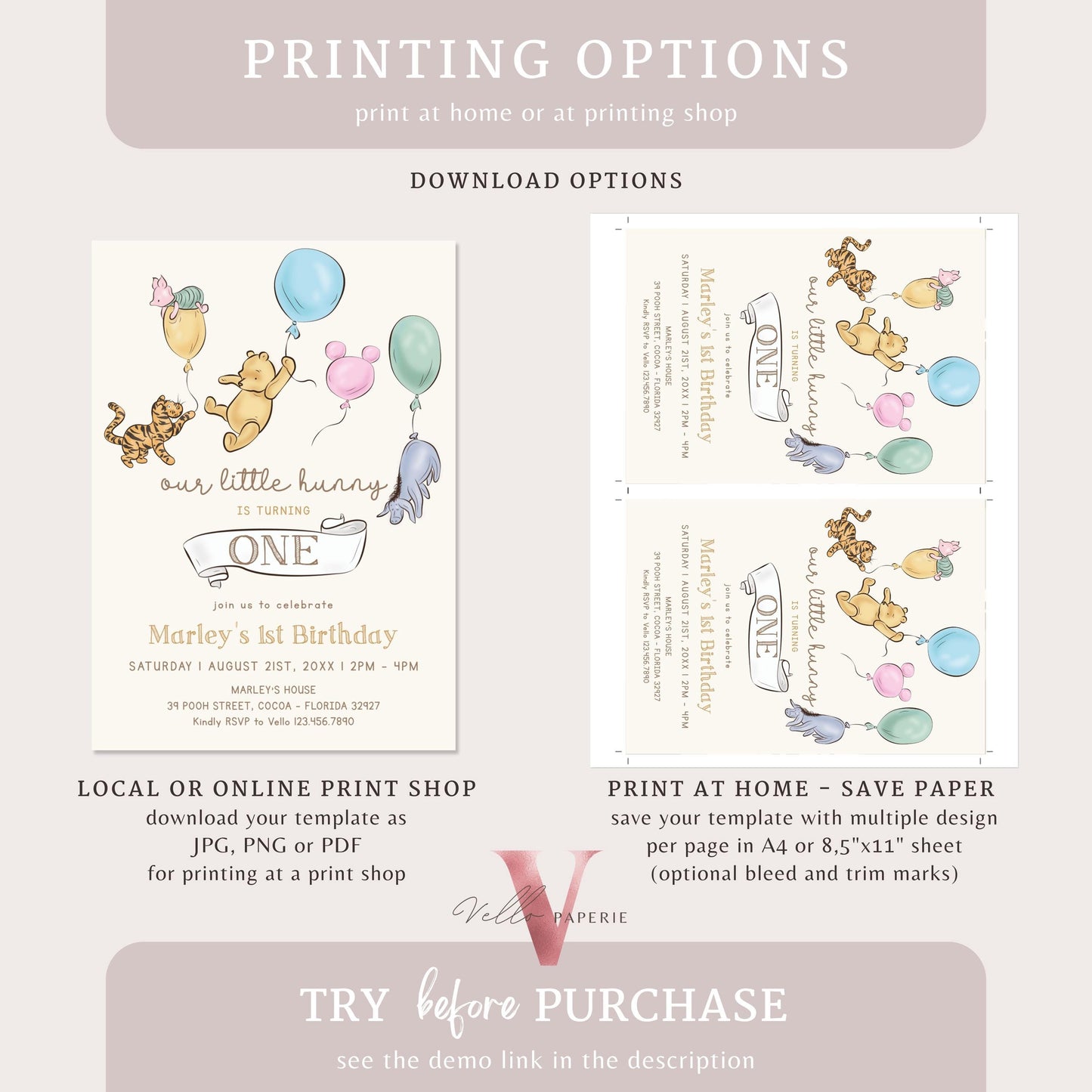 Winnie the Pooh First / ANY AGE Birthday Invitation | Editable Winnie The Pooh Birthday Party Invite | Beige Colorful Balloon Pooh & Friends