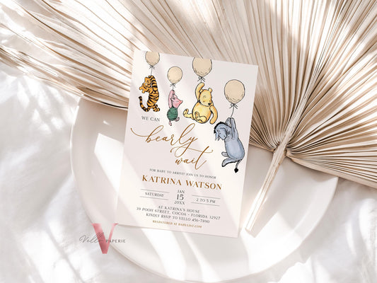 Neutral Winnie the Pooh Balloon Baby Shower Invitation | Editable Printable Beige, Bearly Wait Baby Shower Party Invitation