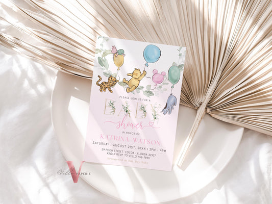 Soft Pink Winnie the Pooh Colorful Balloon Baby Shower Invitation | Editable Printable Pink Greenery, Bearly Wait Baby Shower Party Invite