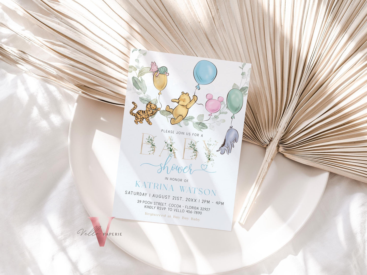 Soft Blue Winnie the Pooh Colorful Balloon Baby Shower Invitation | Editable Printable Blue Greenery, Bearly Wait Baby Shower Party Invite