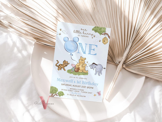 Classic Winnie the Pooh First Birthday Invitation | Editable Winnie The Pooh 1st Birthday Party Invite | Blue Balloon Pooh and Friends