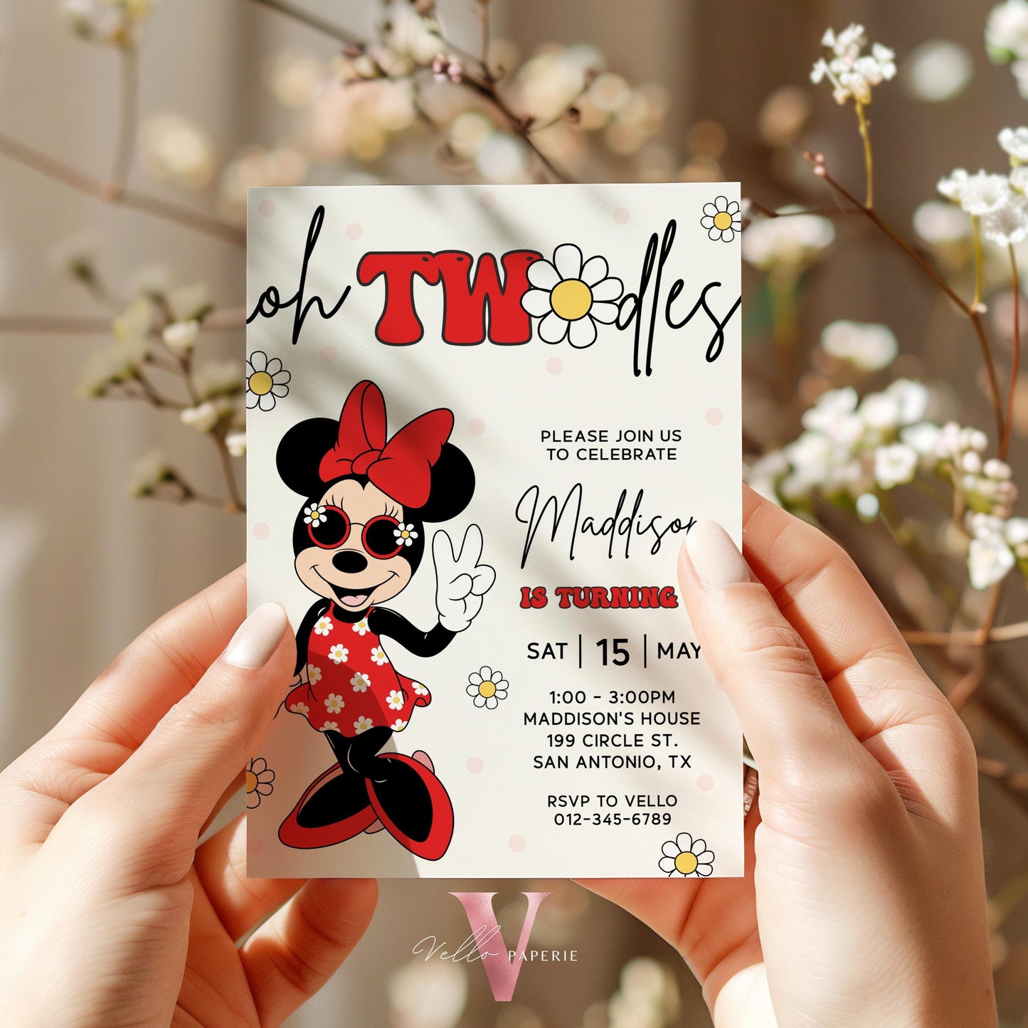 Oh TWOdles Groovy Red Minnie Mouse Birthday Invitation | Red White Polkadot Invite 2 Years Old Girl | Minnie Groovy Second Birthday