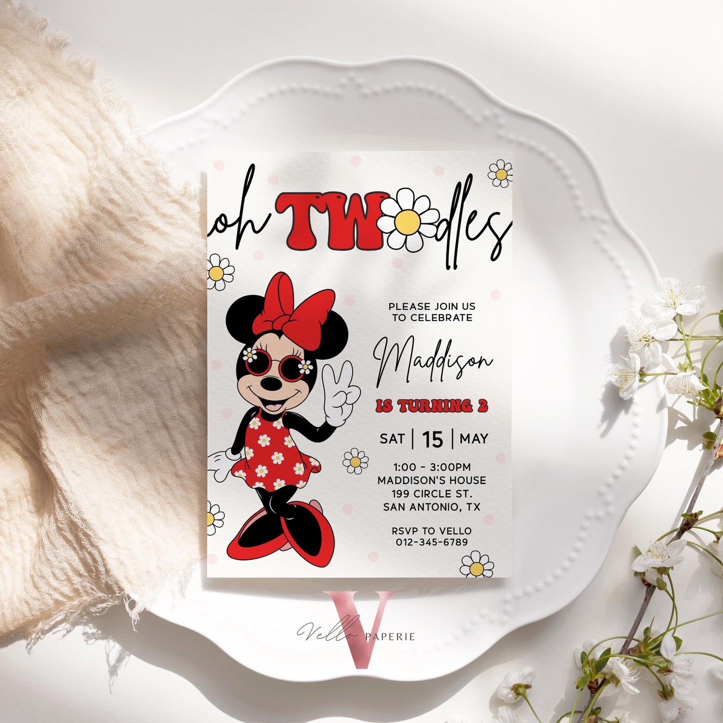 Oh TWOdles Groovy Red Minnie Mouse Birthday Invitation | Red White Polkadot Invite 2 Years Old Girl | Minnie Groovy Second Birthday