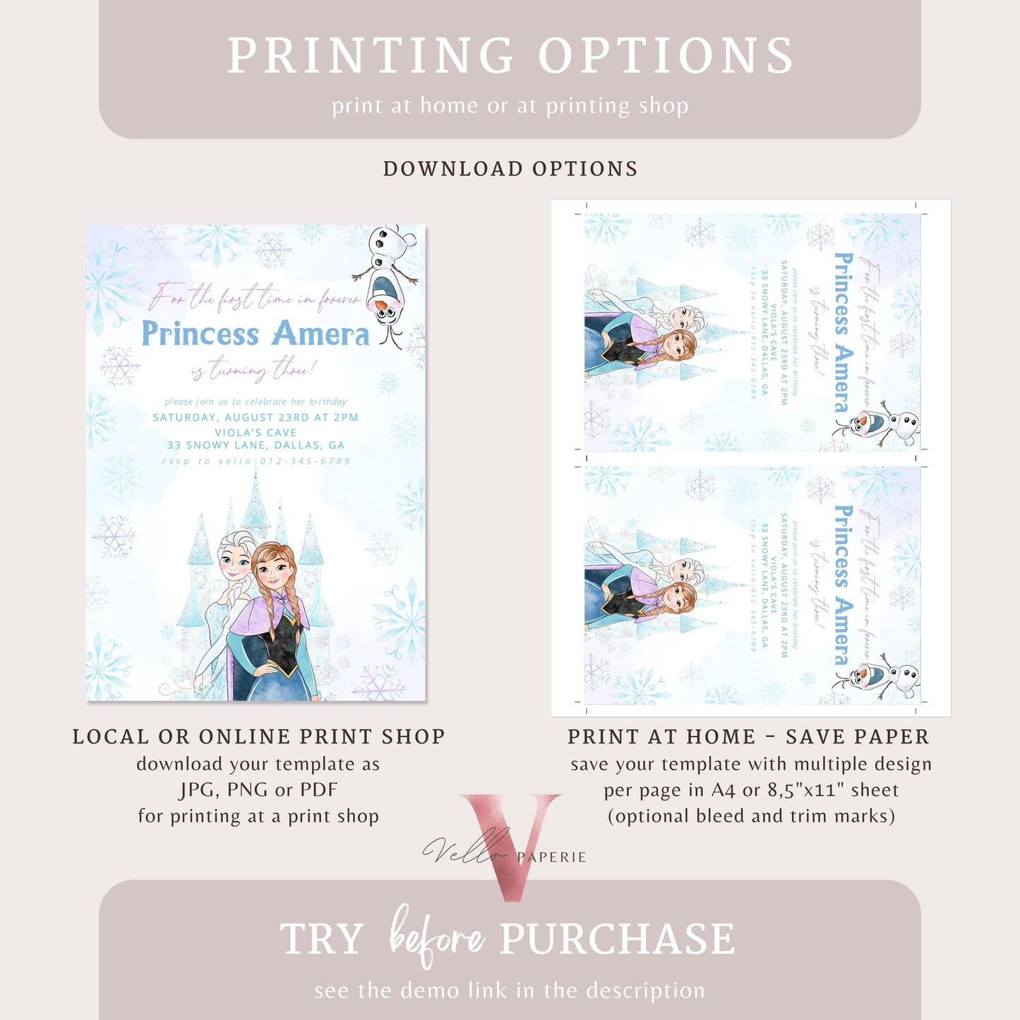 Editable ANY AGE Birthday Frozen Theme Birthday Party Invitation | Watercolor Elsa Anna Princess Birthday Invite | Winter Snow Princess