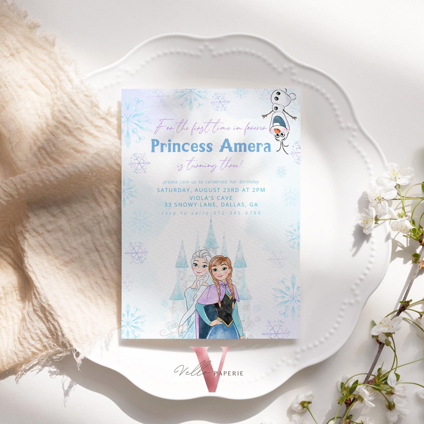 Editable ANY AGE Birthday Frozen Theme Birthday Party Invitation | Watercolor Elsa Anna Princess Birthday Invite | Winter Snow Princess