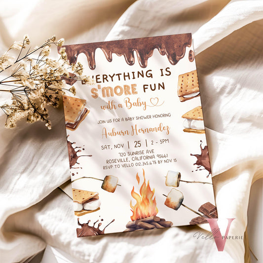 Editable S'mores Baby Shower Invitation | FALL Camping Bonfire Baby Shower | Campire Smore Fun with Baby Party | Autumn Couple Shower SBS01