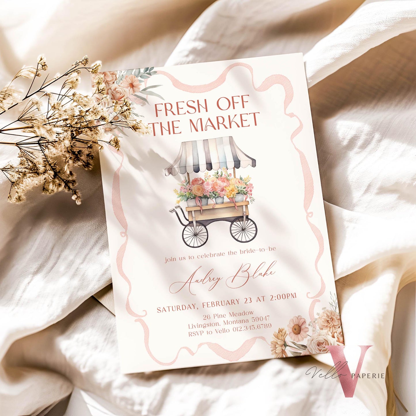 Beige Blush Pink Off the Market Bridal Shower Party Invitation | She's off the Market Invite | Bow Flower Florist Cart Watercolor Instant